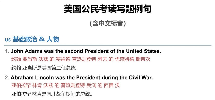 读写题例句内页样张:标题为「美国公民考读写题例句(含中文标音)」,例句按主题分组,如「基础政治 & 人物」。第 1 句英文 John Adams was the second President of the United States.,下面是中文标音「约翰 亚当斯 沃兹 的 塞肯德 普热则登特 阿夫 的 优奈特德 斯带次」,再下面是中文翻译。每一句都带标音,供口试读写部分练习。